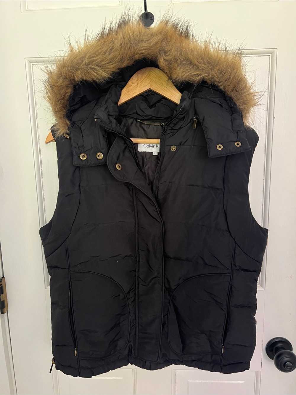 Calvin Klein Black Puffer Vest with Brown Faux-Fur Trim